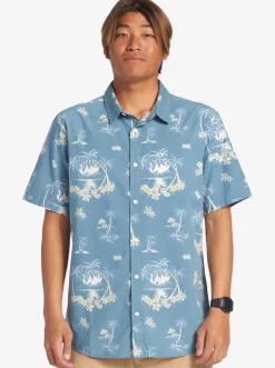 Quiksilver Shirts & Polos|Palm Spritz Short Sleeve Woven Shirt Agean Blue Palm Spritz